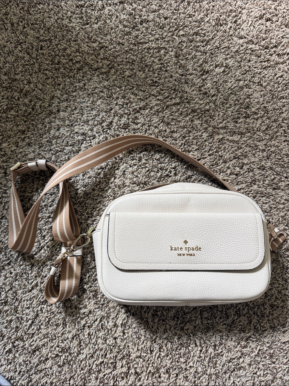 kate spade Cream Pebbled Leather Crossbody with Striped Strap